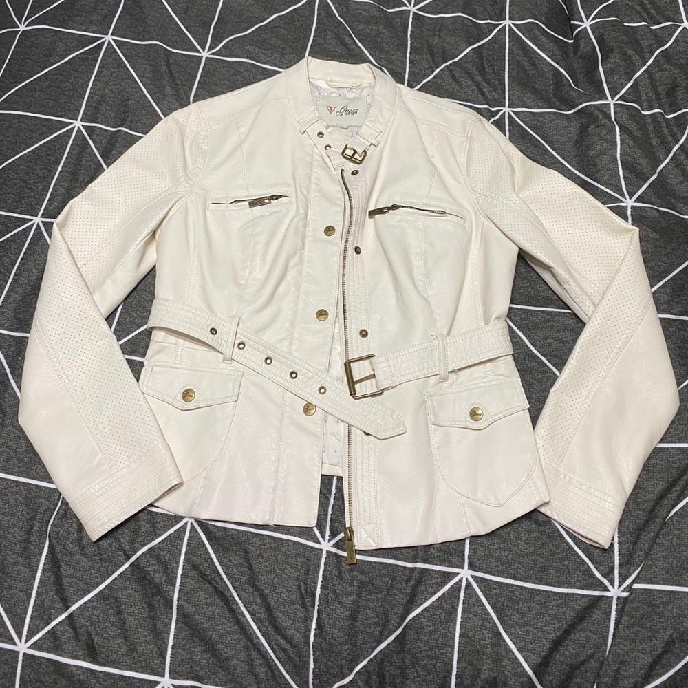 Guess Cream Faux Leather Jacket Large